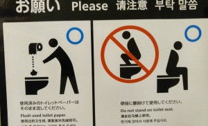A warning sign depicts how to properly use a bidet.